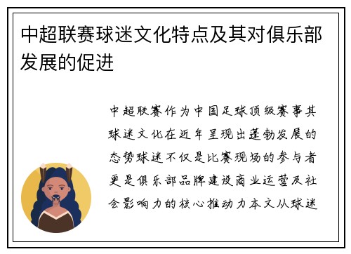 中超联赛球迷文化特点及其对俱乐部发展的促进